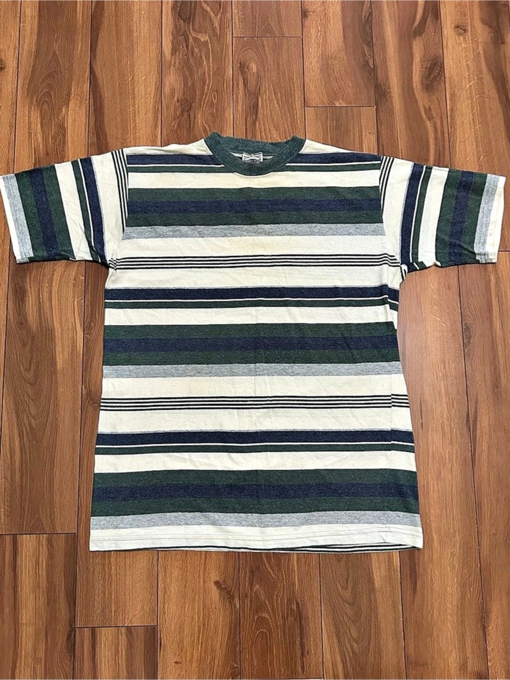 Vintage 90s County Seat White Brown Green Striped T-Shirt Size M Made In The USA